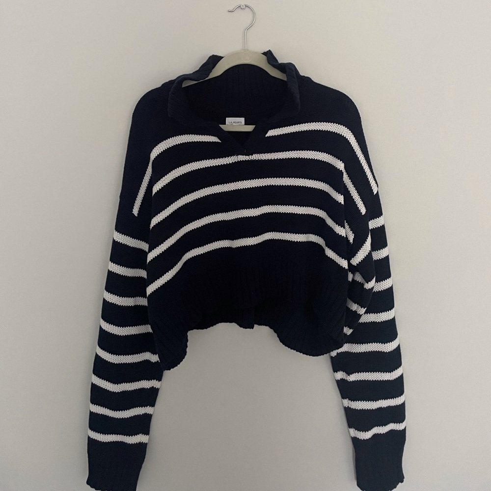 LA HEARTS PACSUN NAVY BLUE STRIPPED SWEATER (size large) cropped runs small